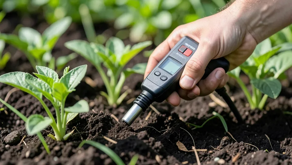 Gardener testing soil pH with a meter before applying wood ash