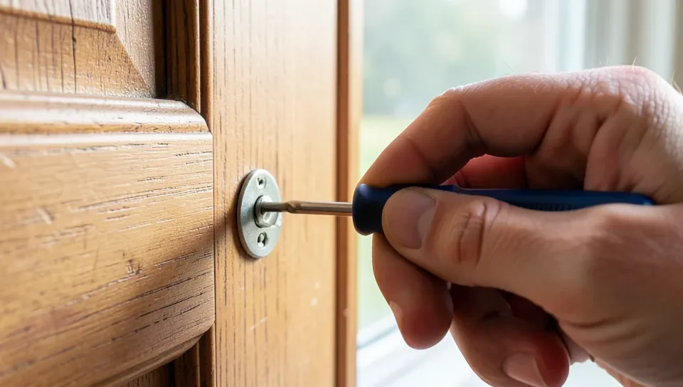 Tightening a hinge screw on a wood door