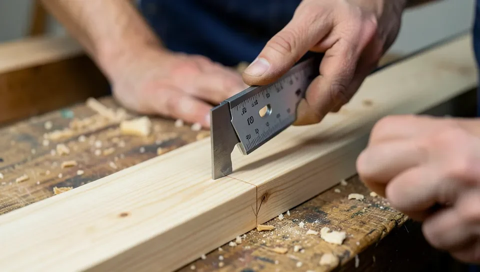 Sliding T-bevel gauge transferring an angle from a wood corner onto a new board