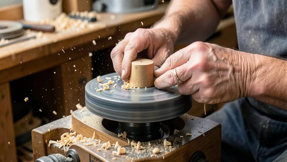 Woodworker turning a small wood ear plug blank on a mini lathe