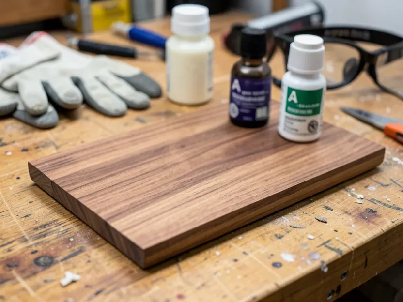 Two-part wood bleach Part A and Part B bottles next to a raw walnut wood board on a workbench