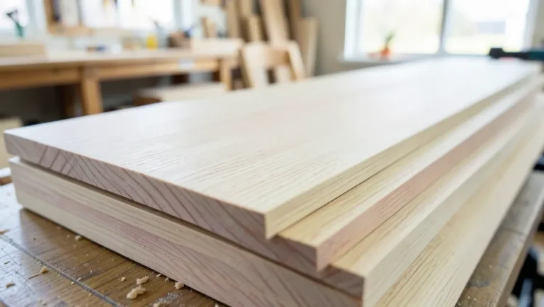Pale straight-grained Vic Ash eucalyptus timber boards stacked in a workshop
