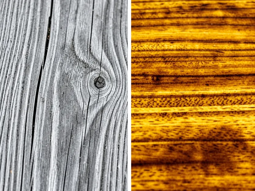 Weathered gray teak wood next to freshly oiled golden brown teak wood