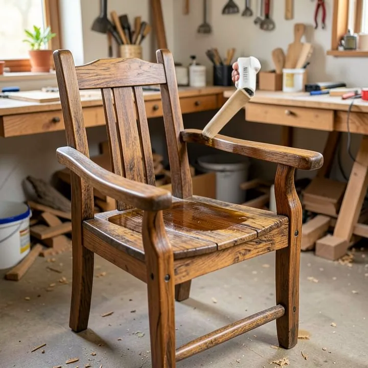 Applying teak oil to a weathered outdoor teak wood chair