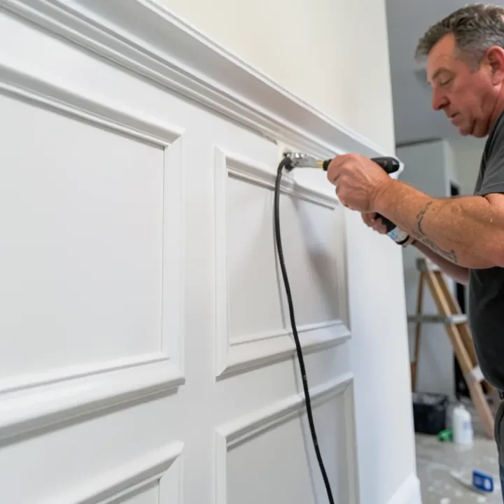 carpenter installing shaker-style MDF wall panelling with construction adhesive