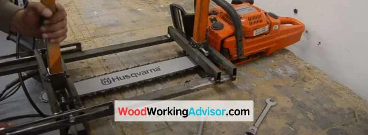 Husqvarna chainsaw mounted on an Alaskan mill frame for milling logs into lumber