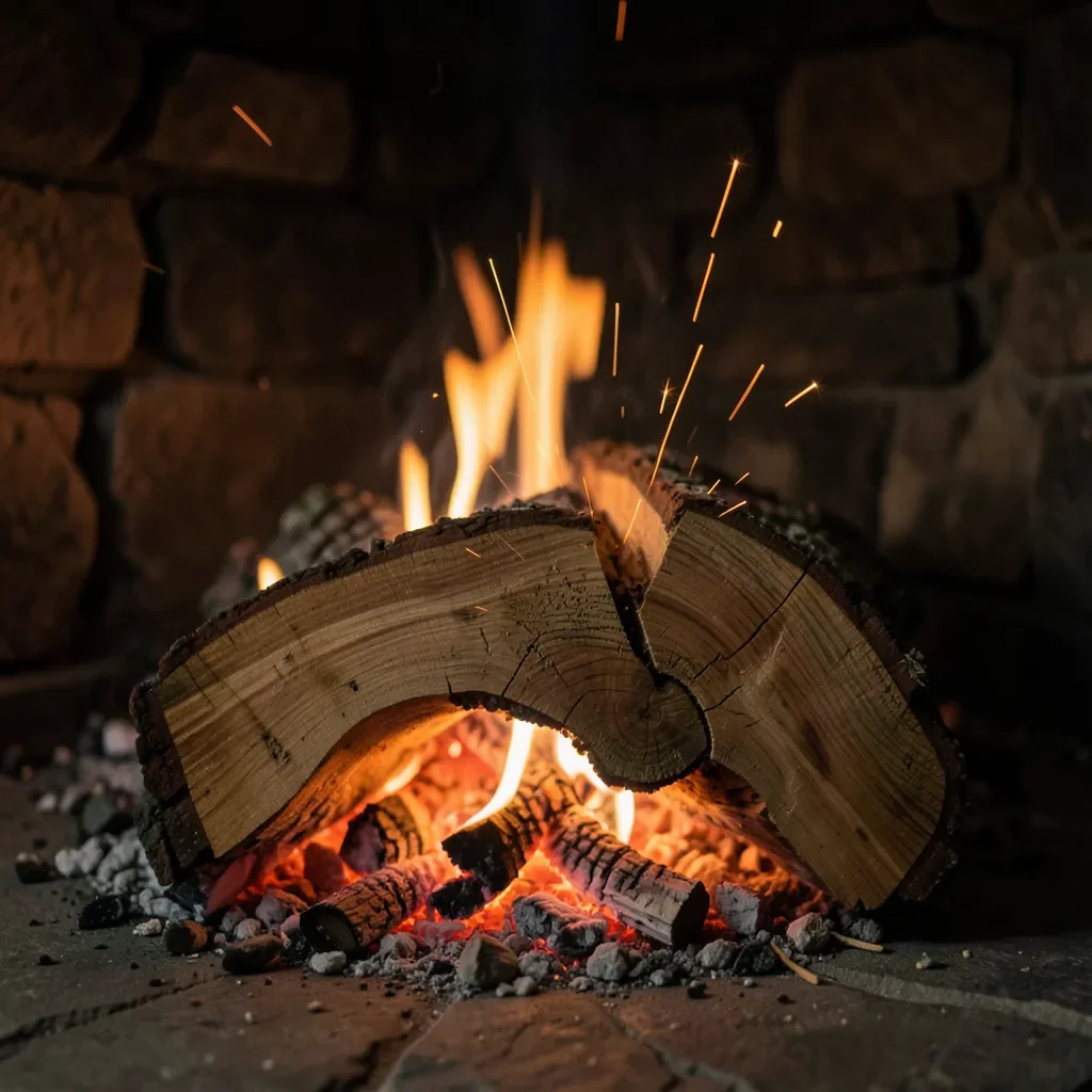 Split cedar log burning with sparks popping from resin pockets