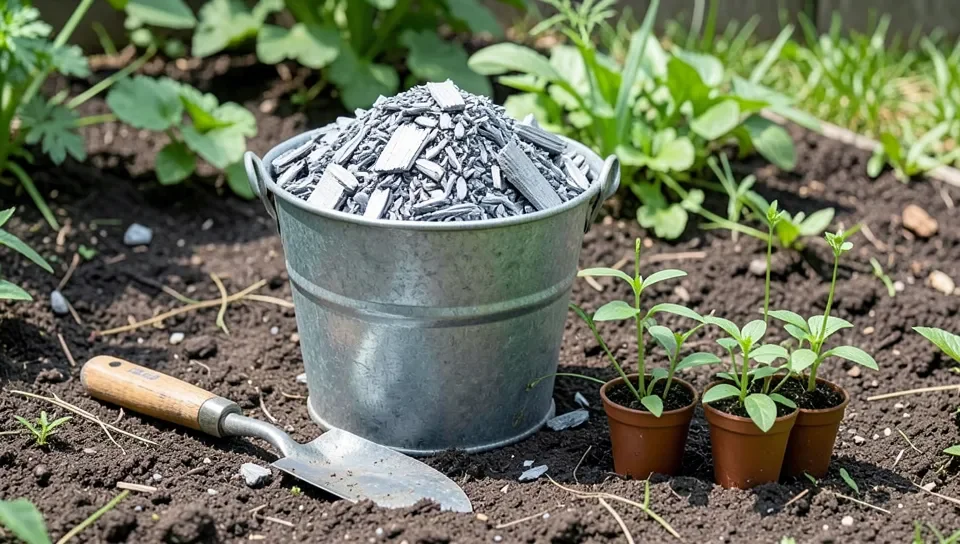 Metal bucket of wood ash next to a garden trowel and young seedlings