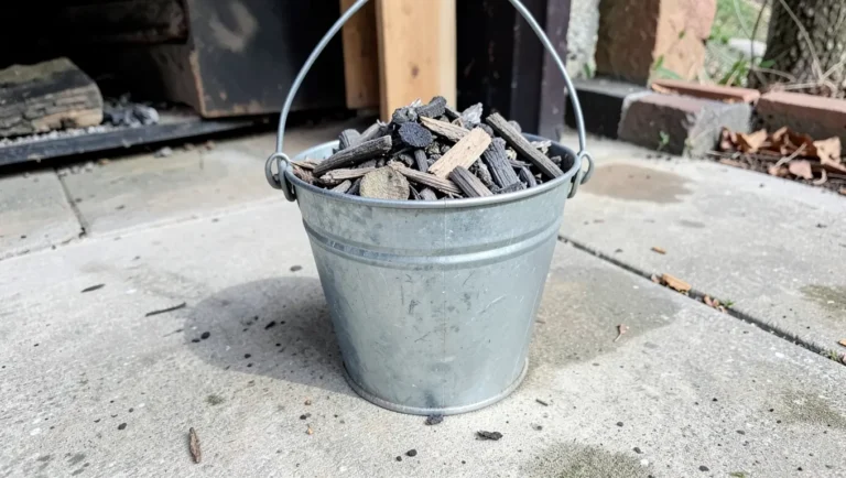Wood ash stored in a metal container for safe disposal