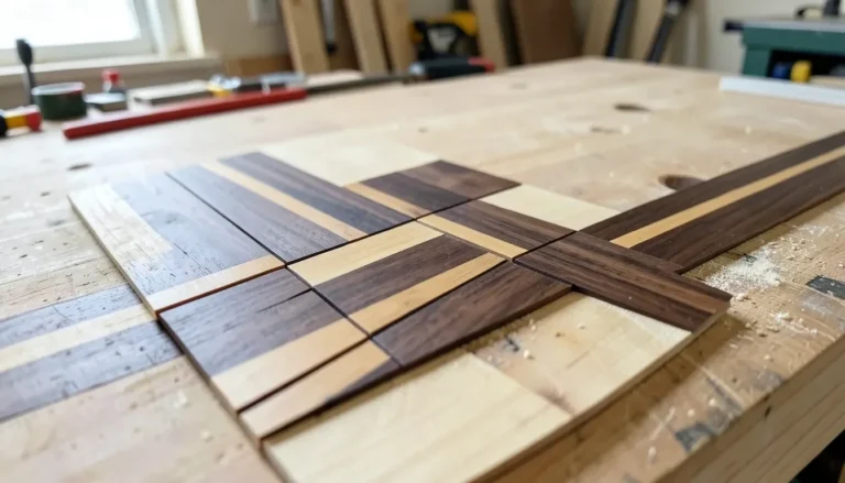 Contrasting walnut and maple wood inlay strips arranged in a diamond banding pattern on a workbench