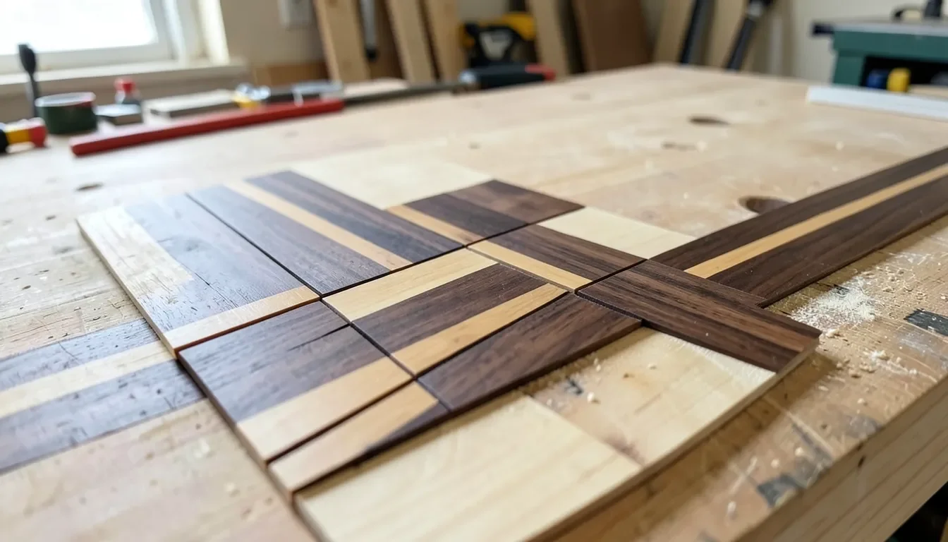 Contrasting walnut and maple wood inlay strips arranged in a diamond banding pattern on a workbench