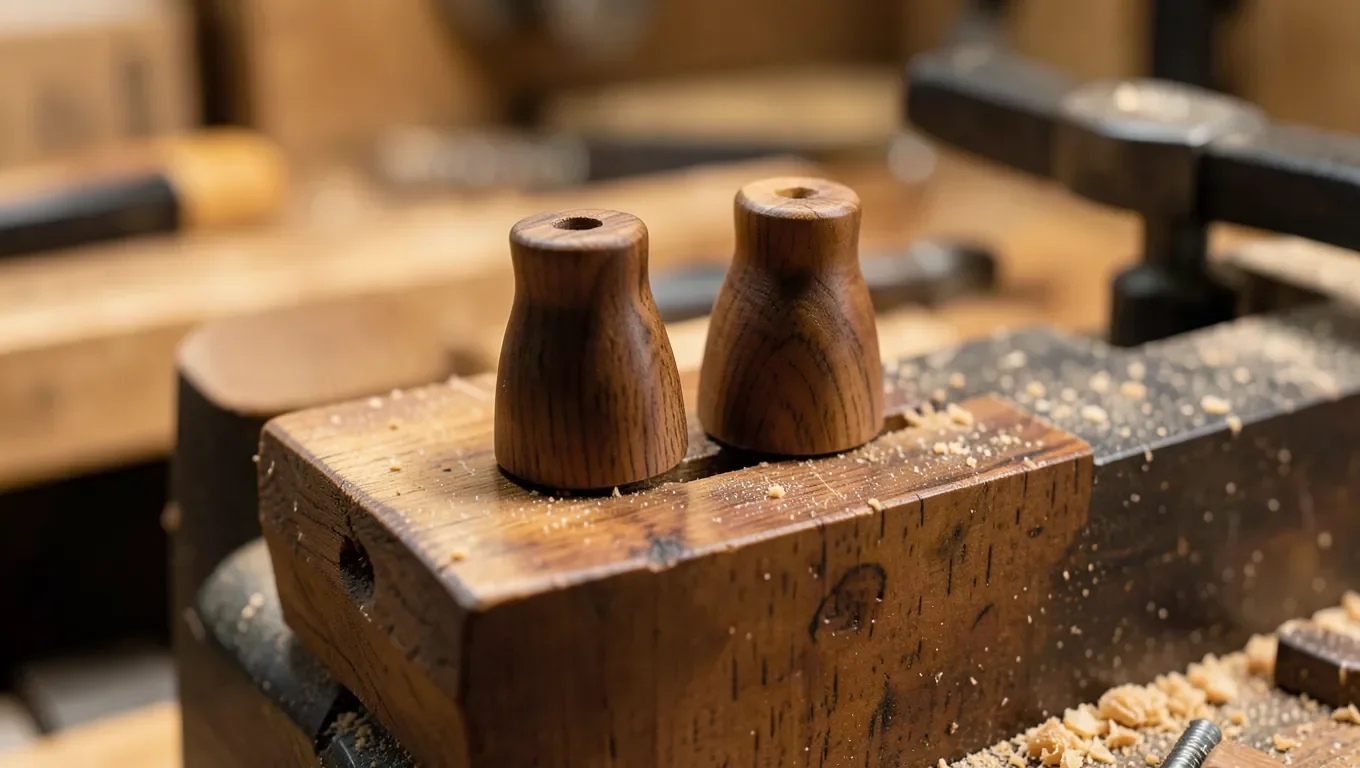 Pair of double-flared wooden ear gauge plugs made from polished walnut on a lathe tool rest