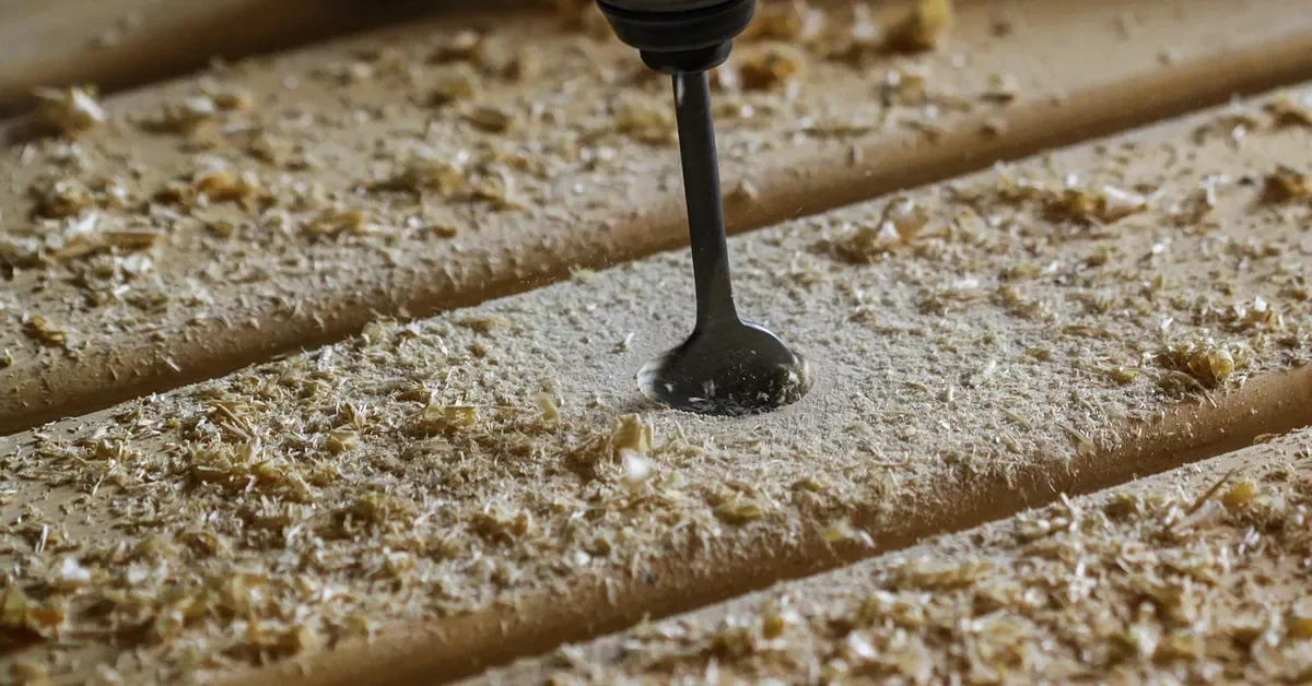 Sawdust and wood shavings scattered on a board around a spade drill bit