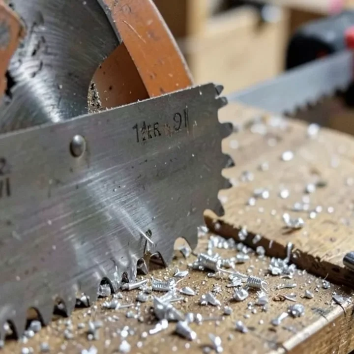 Close-up of carbide-tipped teeth on a 12-inch circular saw blade
