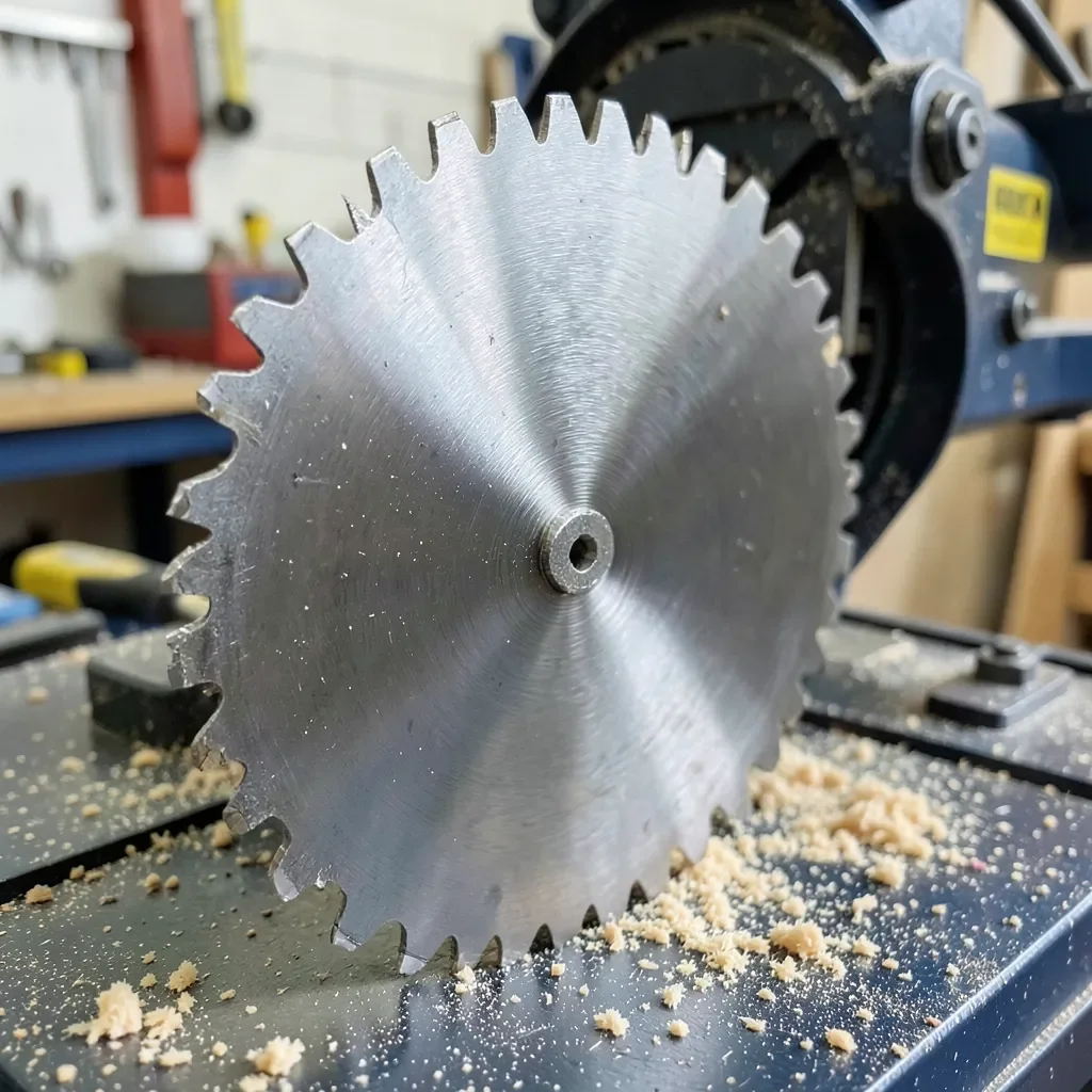 12-inch carbide-tipped chop saw blade mounted on a chop saw