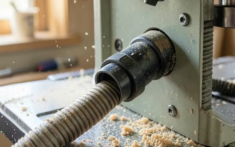 Dust collection hose adapter attached to the back port of a table saw with sawdust nearby