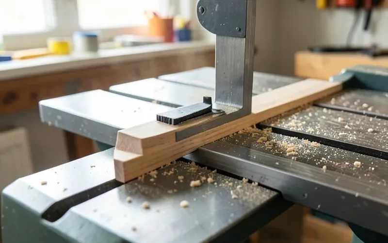 Featherboard clamped to a saw fence holding a workpiece steady against the blade