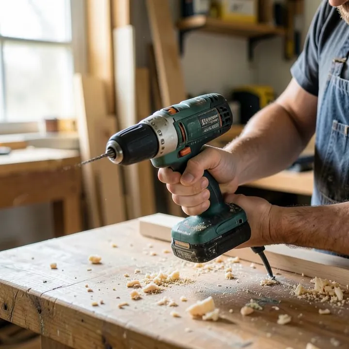 carpenter gripping a cordless drill fitted with a keyless chuck