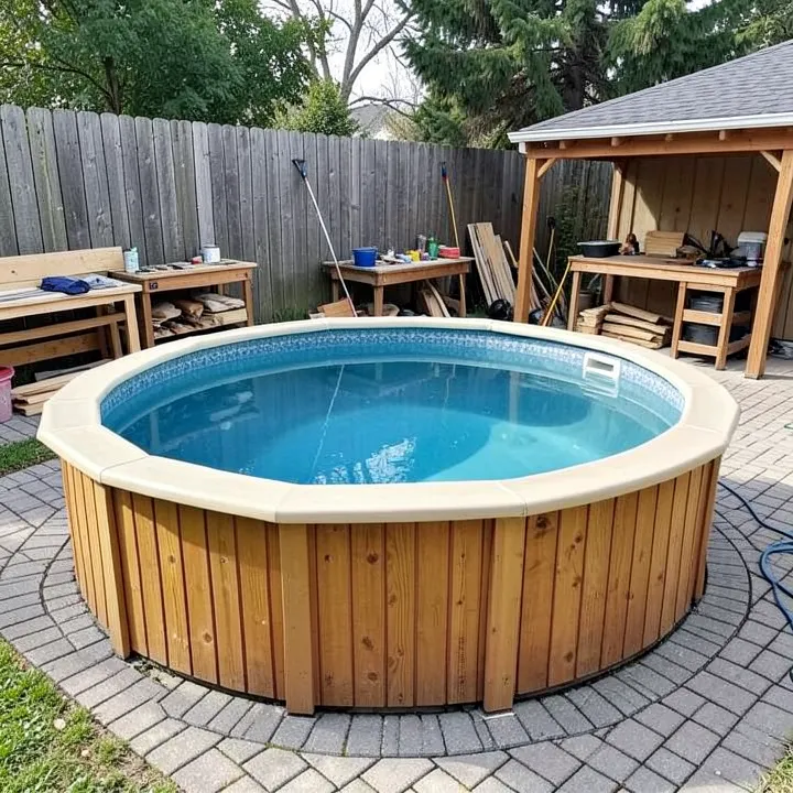 Round above ground pool with a wood-paneled exterior on a paver patio in a backyard