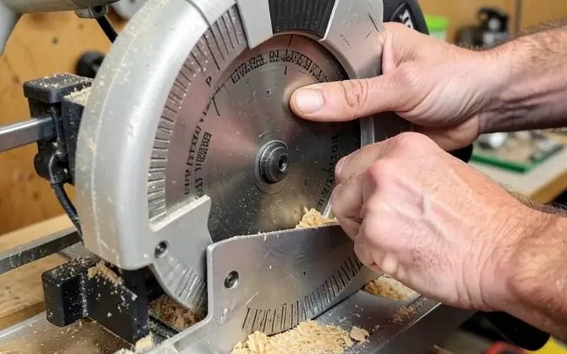 Hands adjusting the miter angle scale on a compound miter saw Hands adjusting the miter angle scale on a compound miter saw