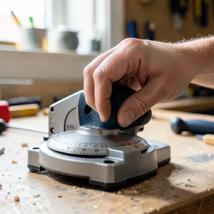 Adjusting the miter angle dial on a compact miter saw base