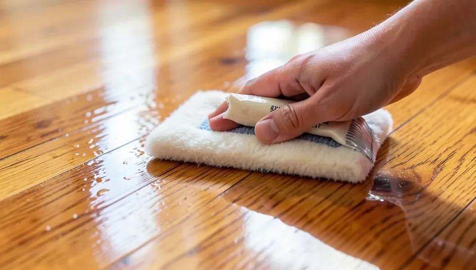 Hand applying polyurethane finish with a lambswool applicator on a freshly sanded hardwood floor