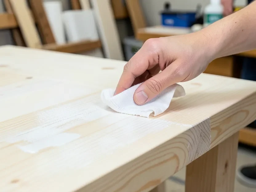 Applying diluted white wash to raw pine wood furniture with a rag