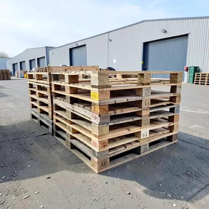 stack of wooden shipping pallets in a warehouse yard