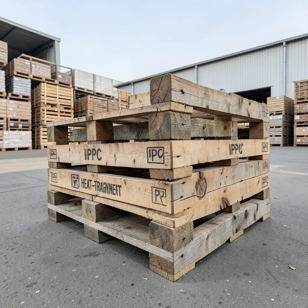 stack of wooden shipping pallets in a warehouse yard