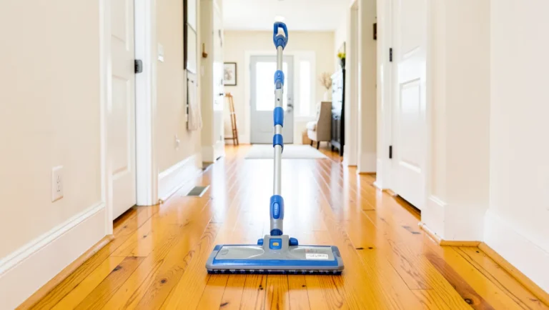 Steam mop standing on a hardwood floor