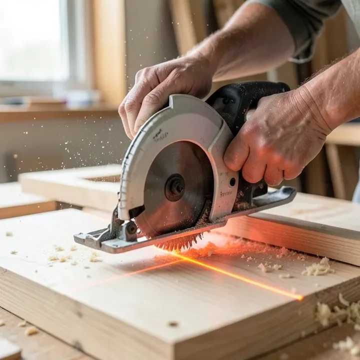 carpenter using a corded circular saw with laser guide to cut plywood