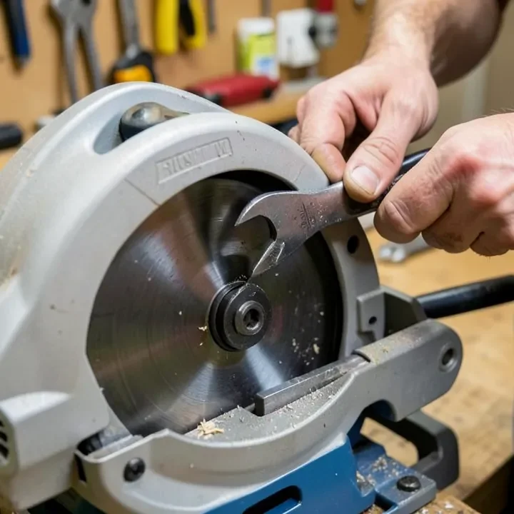 hands changing the blade on a circular saw using a wrench and spindle lock