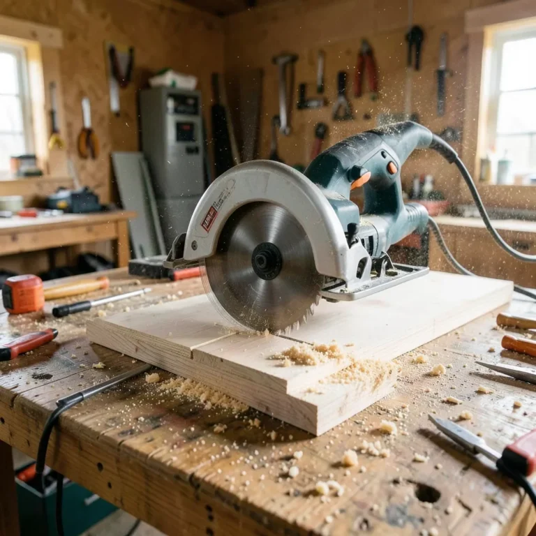corded circular saw with laser cutting guide slicing through a wood board