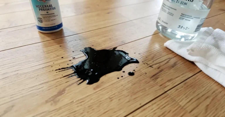 A dark black water stain on a hardwood floor next to hydrogen peroxide and a cleaning cloth