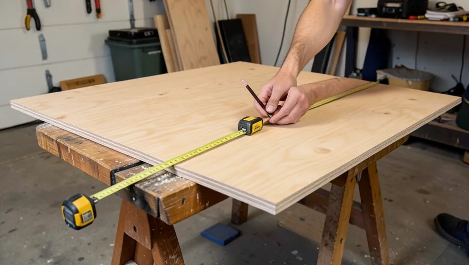 tape measure and pencil marking a straight cut line on a full sheet of plywood