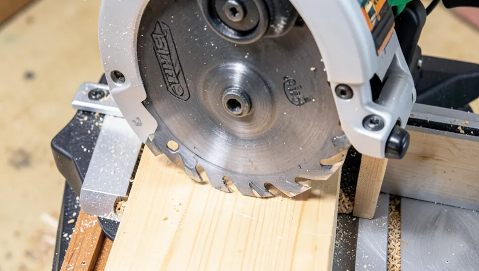 close up of a woodworker lowering a compound miter saw blade onto a board clamped to a workbench