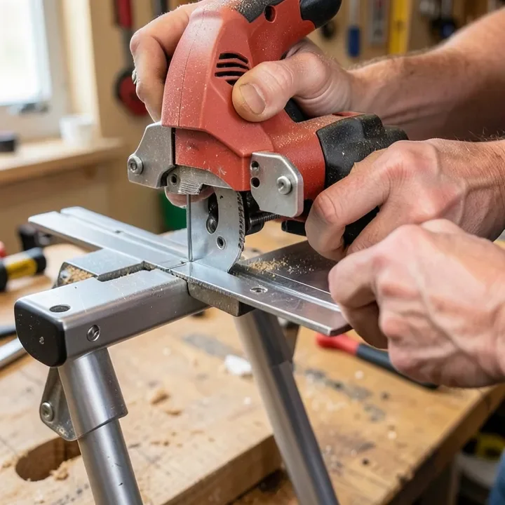 Bolting a miter saw onto the mounting brackets of a folding stand