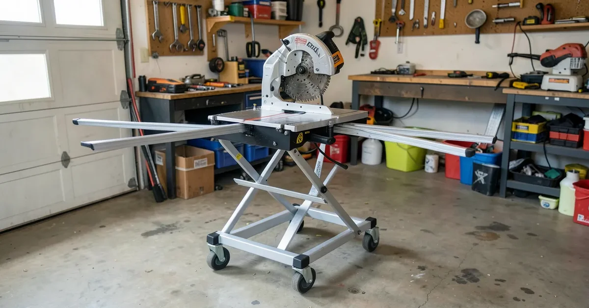 Wheeled folding miter saw stand with extended support arms in a workshop