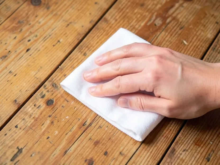 Hand buffing paste wax into an old hardwood floor plank with a soft white cloth