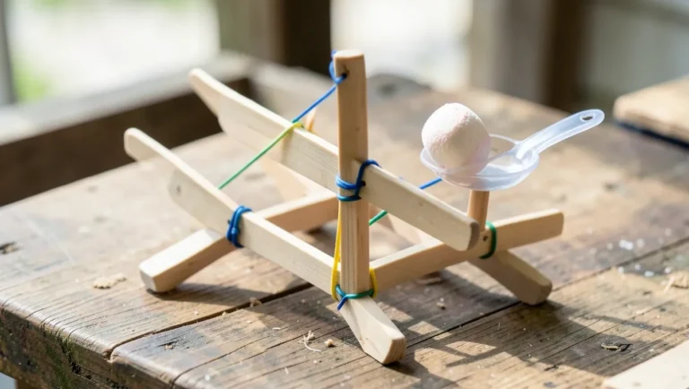 Homemade catapult built from popsicle sticks and rubber bands with a marshmallow loaded in a spoon launcher