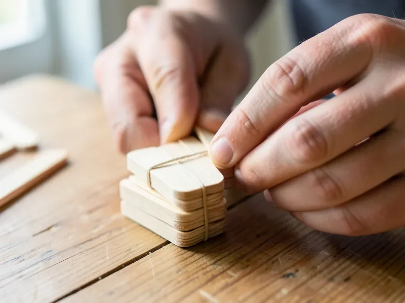 Hands binding a stack of popsicle sticks tightly with a rubber band to form a catapult fulcrum