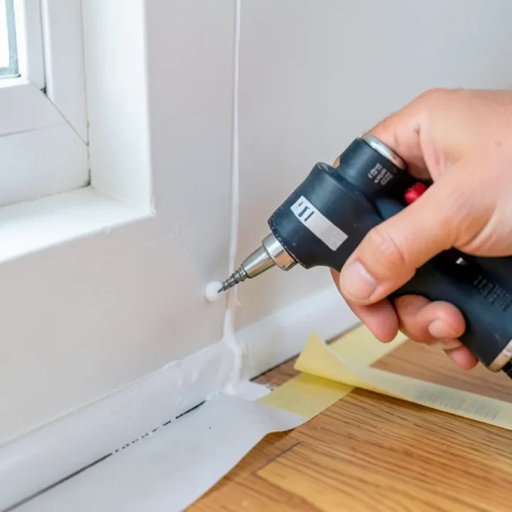 Applying caulk along the baseboard-to-wall seam with a caulk gun