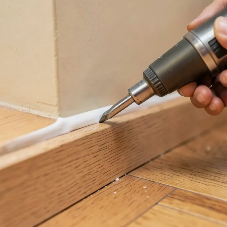 Caulk gun sealing the baseboard-to-wall seam above a wood floor