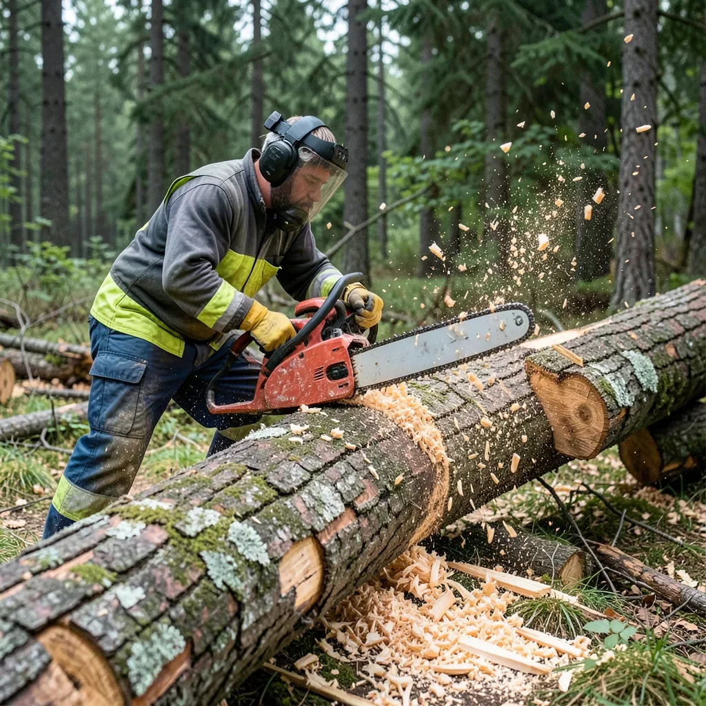 Man wearing safety chaps and ear protection cutting a fallen log with a gas chainsaw, wood chips flying