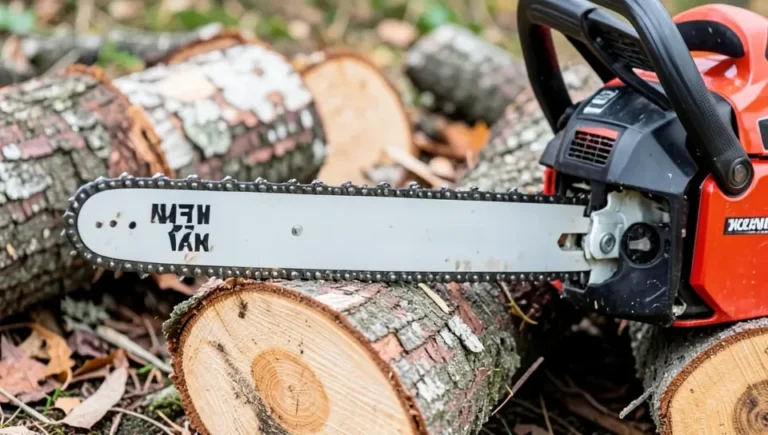Chainsaw guide bar resting on cut logs