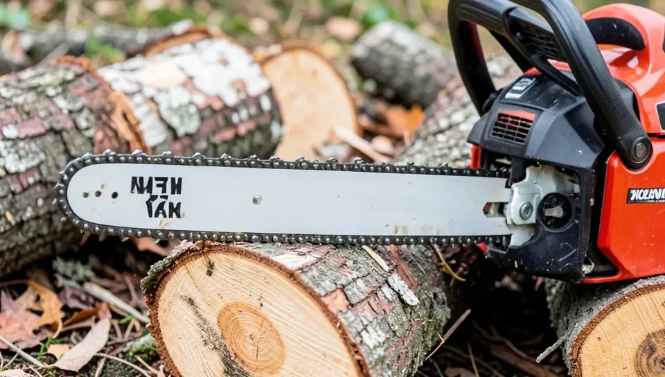 Chainsaw guide bar resting on cut logs