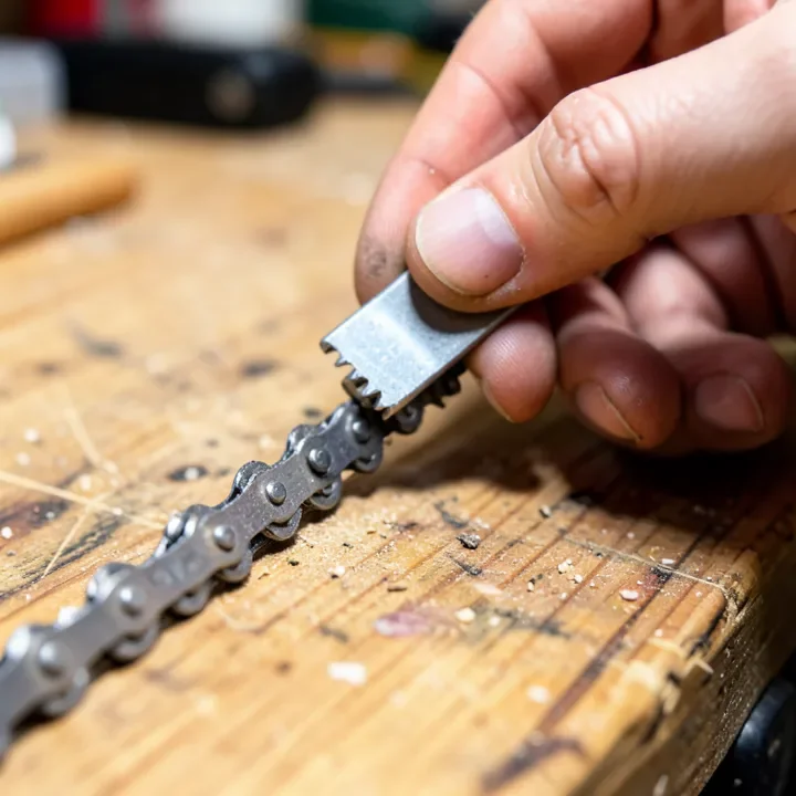Close-up of a hand filing a raker depth gauge on a chainsaw chain with a flat file
