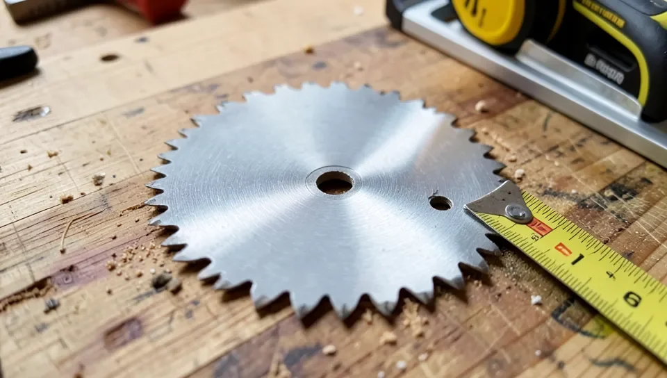 Circular saw blade with carbide teeth measured against a tape measure on a workbench Circular saw blade with carbide teeth measured against a tape measure on a workbench