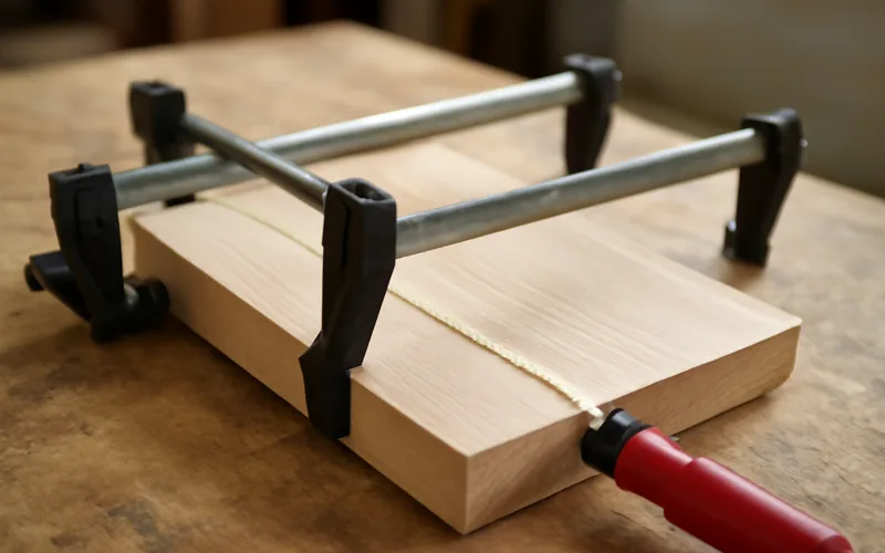 bar clamps holding two glued wood boards together with glue squeeze-out along the seam