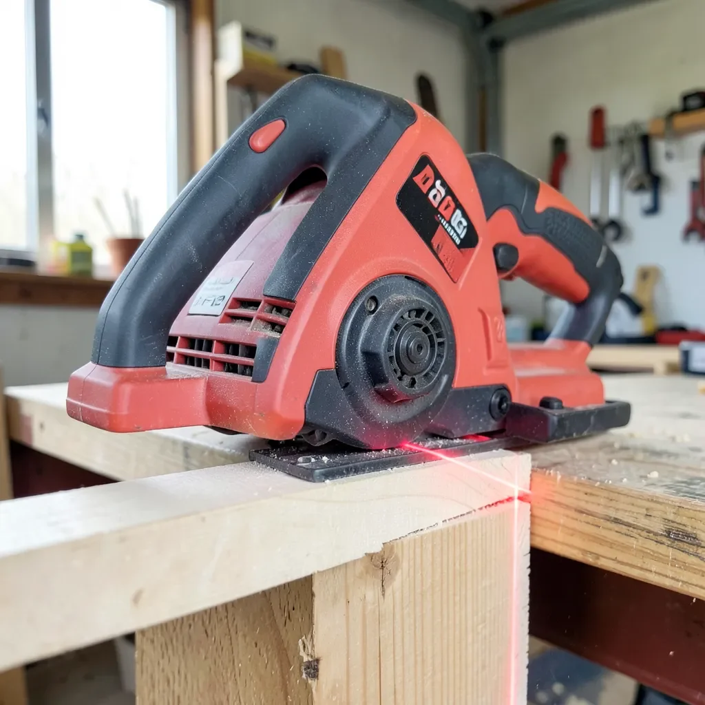 Compact compound miter saw with laser guide line aligned on a piece of trim